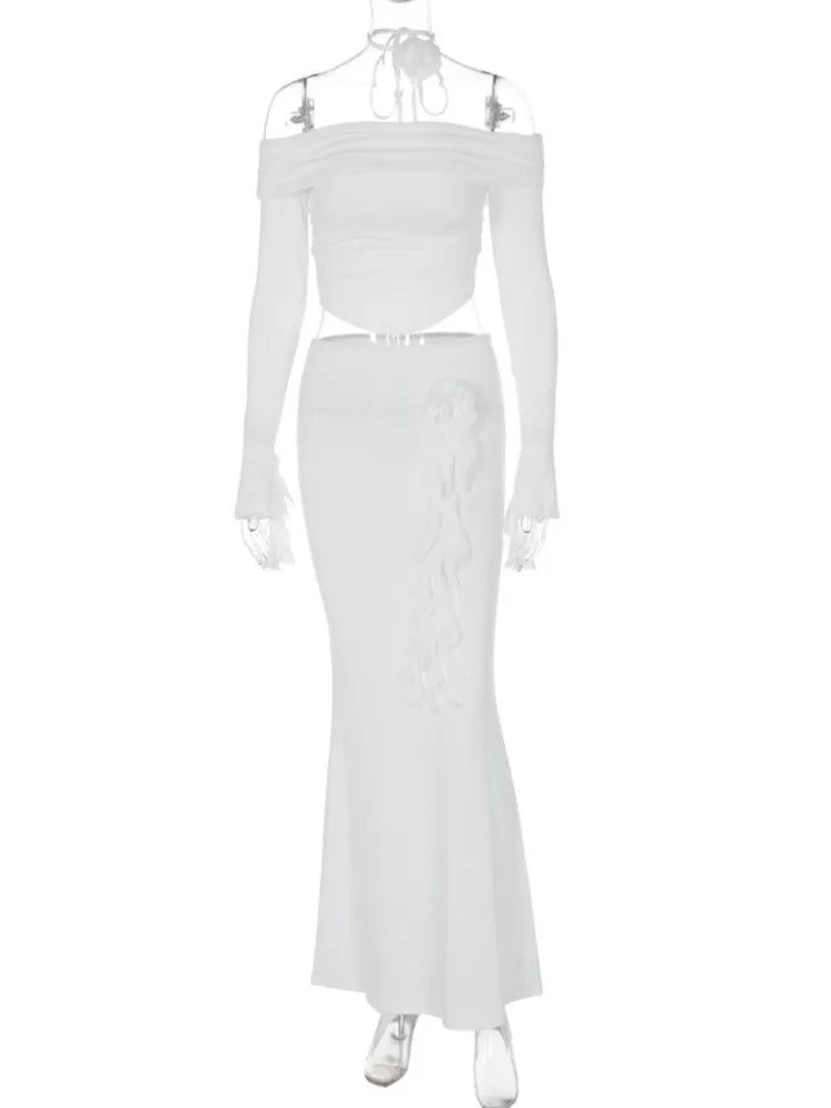 Winter New Long Sleeved Half Skirt Set for Woman 3d Flower Slim Tight Long Skirt Party Evening Dress Two Piece Set