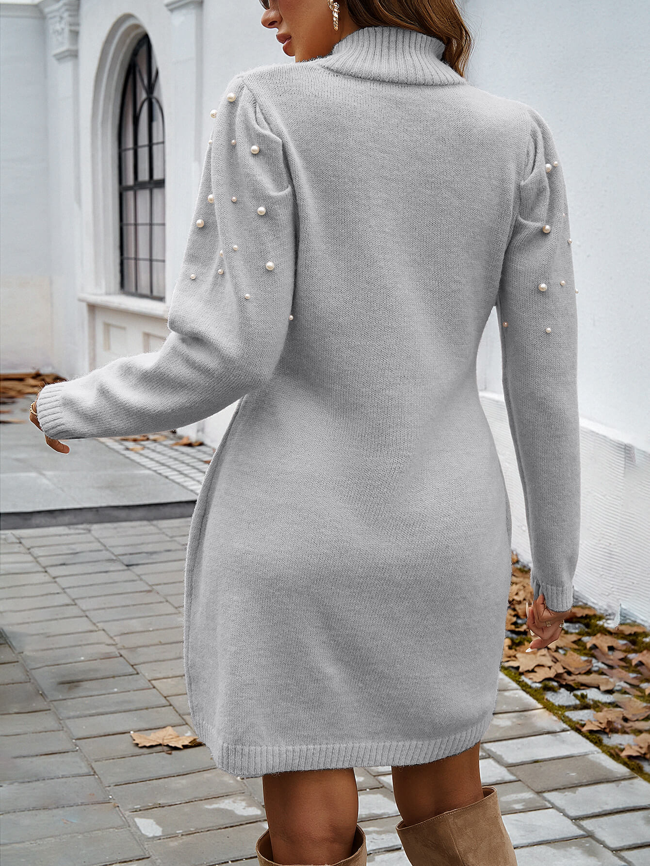 Simply Pearl Embellished Mini Sweater Dress - Grey