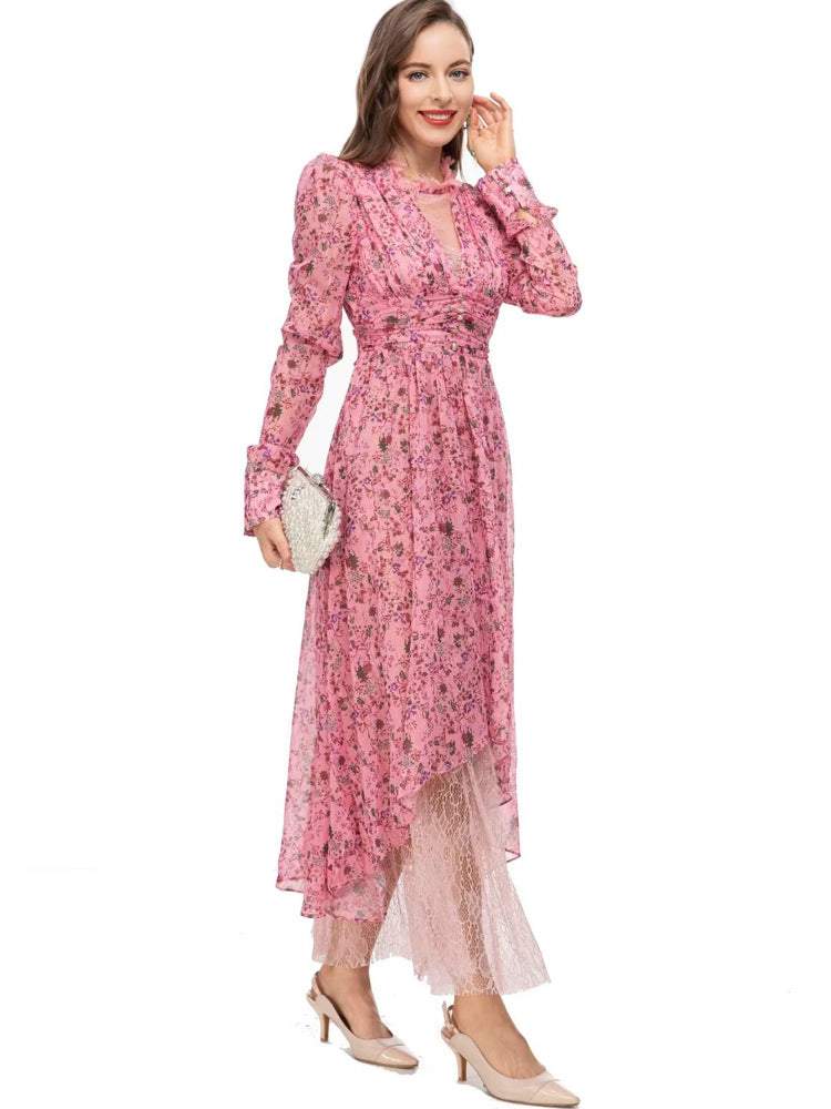 Long Round Collar Lace Waist Midi Dress