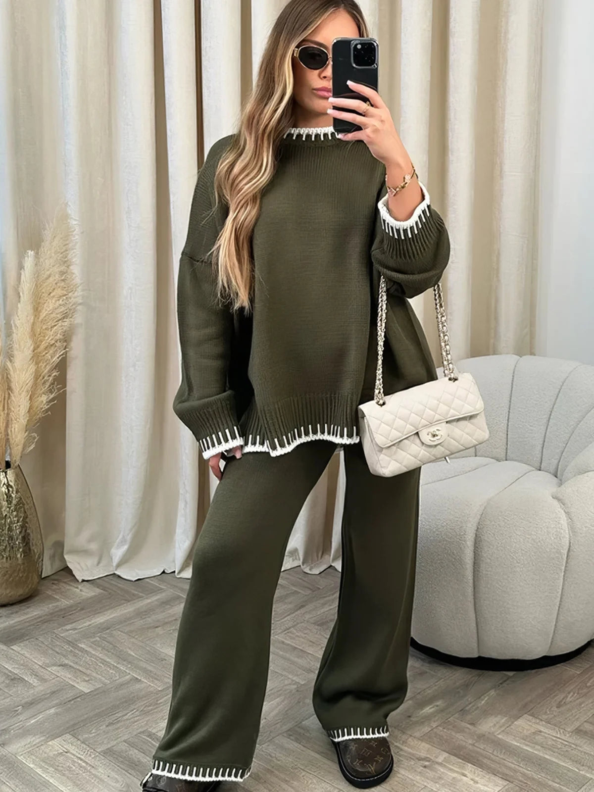 Two-tone Stitch Detail Sweater and Pant Set