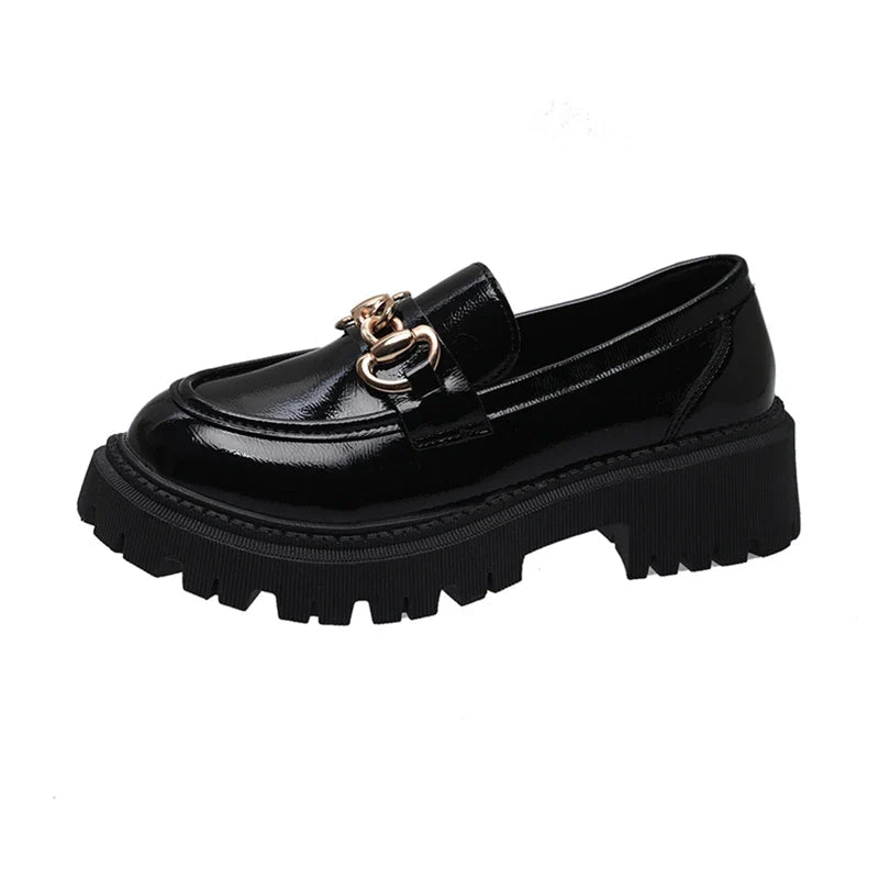 Black Patent Leather Platform Tassel British Middle Heels Flats Loafers