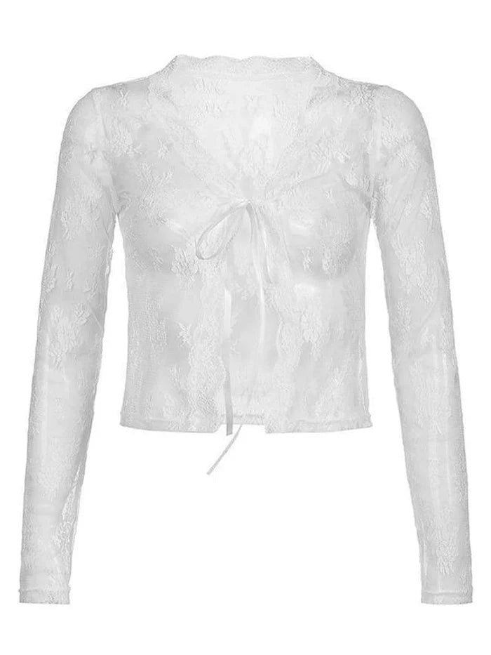 Y2k Open Front Lace Long Sleeve Crop Blouse