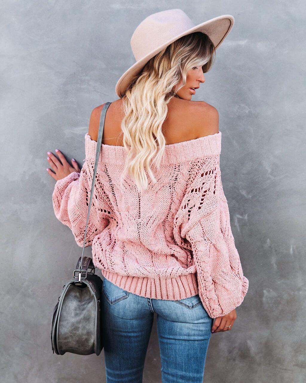 Dreamworld Off the Shoulder Pullover Sweater - Pink