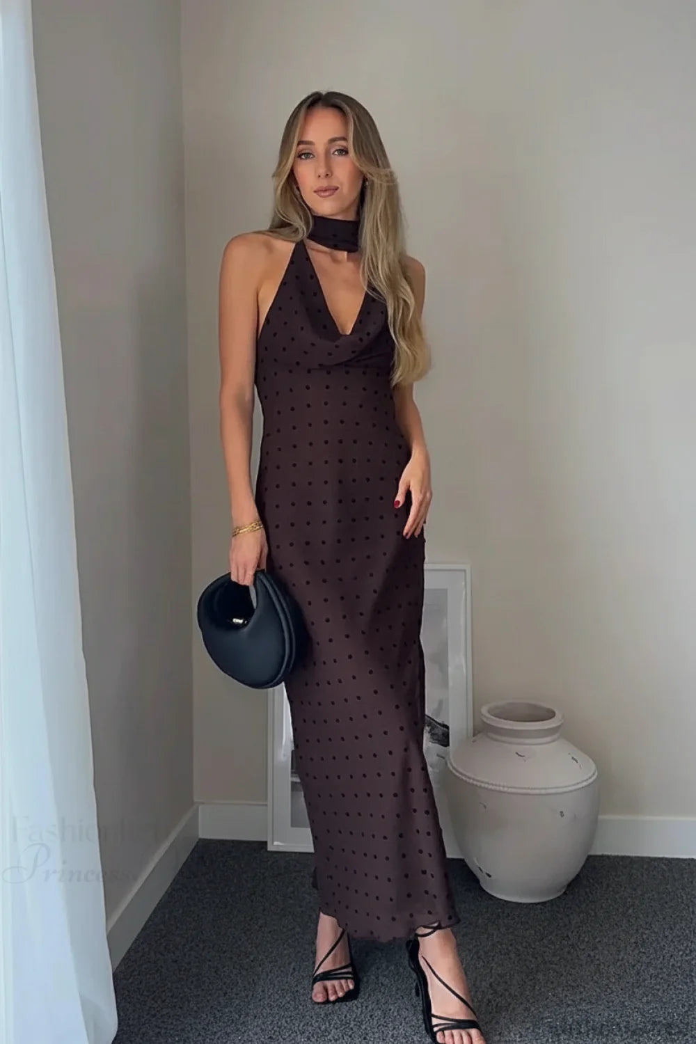 Polka Dot Scarf Neck Halter Maxi Dress