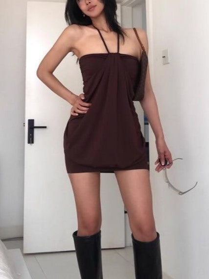 Brown Halter Off Shoulder Mini Dress
