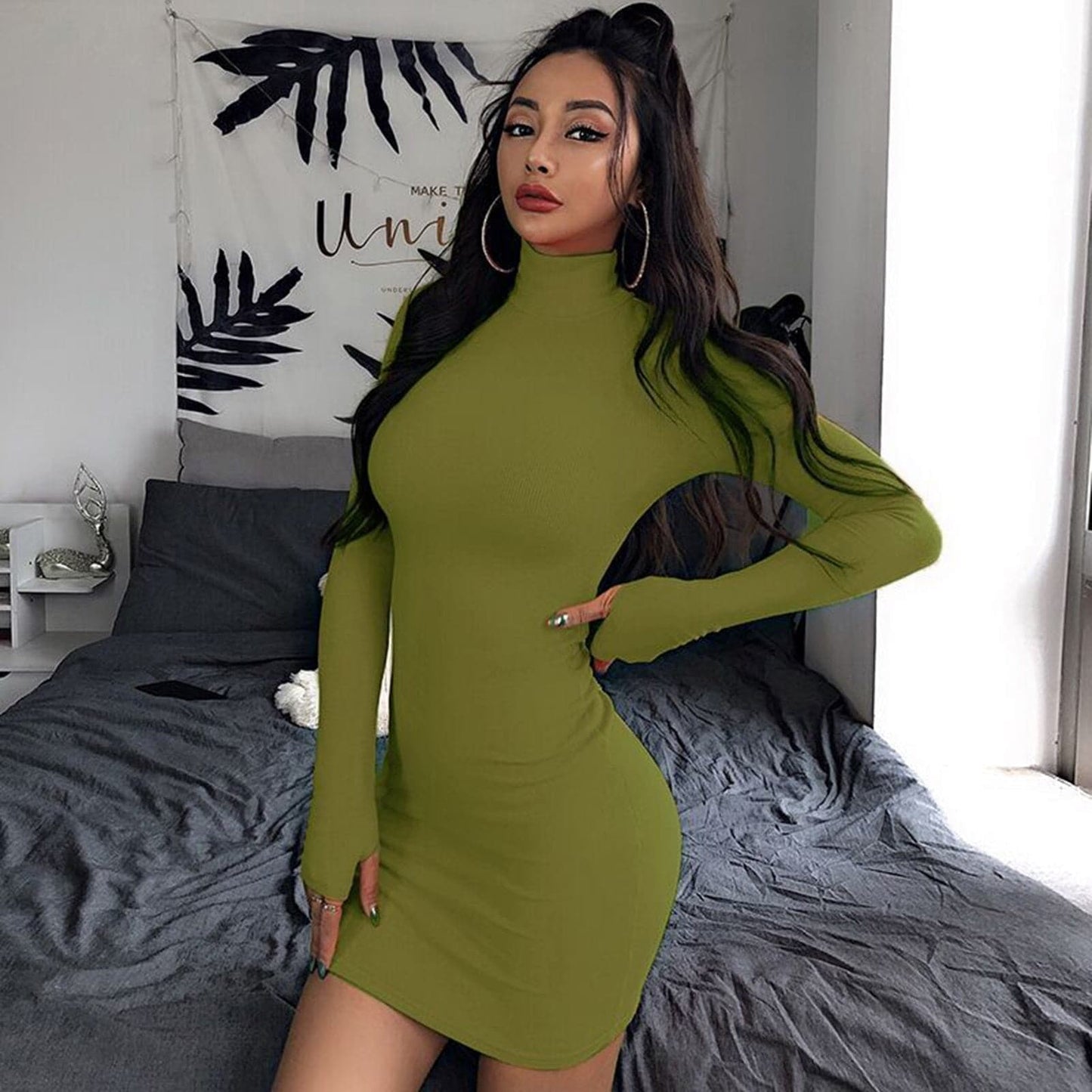 Color Turtleneck Long Sleeve Bodycon Mini Dress