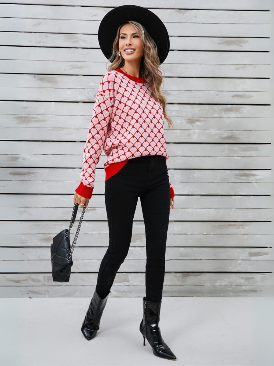 Lots to Love Check Heart Sweater - Red