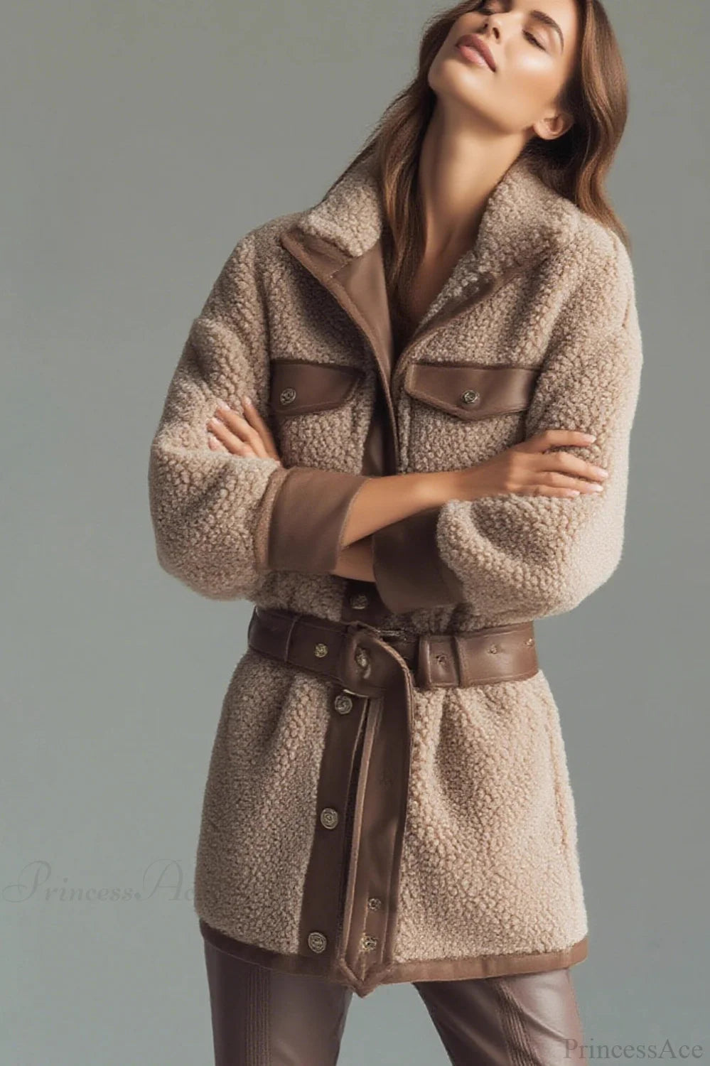 Thick Fleece Pu Panel Pocket Belted Retro Coat