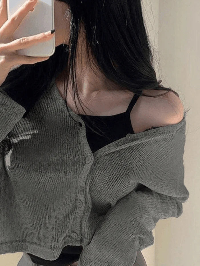 Grey V Neck Button Up Cropped Cardigan