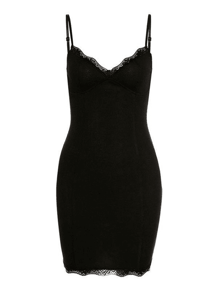 Black V Neck Lace Trim Bodycon Mini Dress