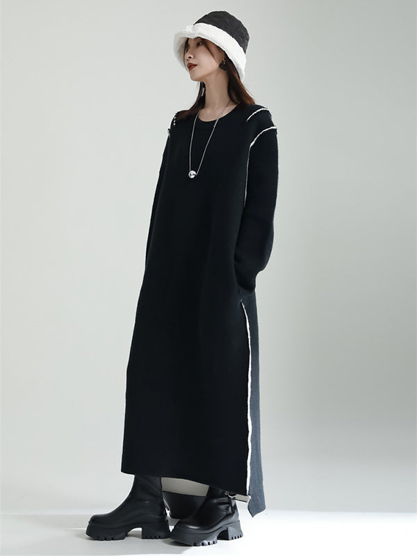 Long Sleeves Loose Color Round-neck Sweater Dresses
