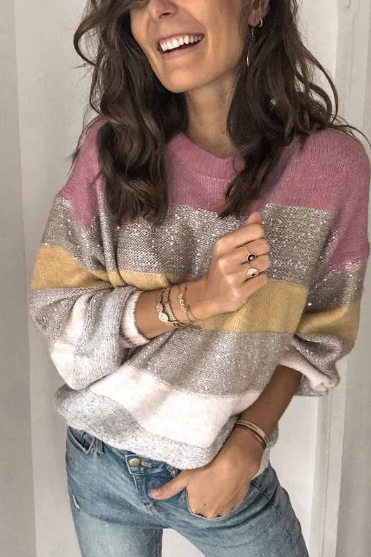 Loose Round Neck Multicolor Knit Sweater