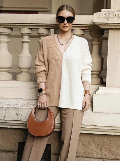 V-neck Waffle Knit Sweater Tops for Autumn New Patchwork Pullover Oversized Knitwear