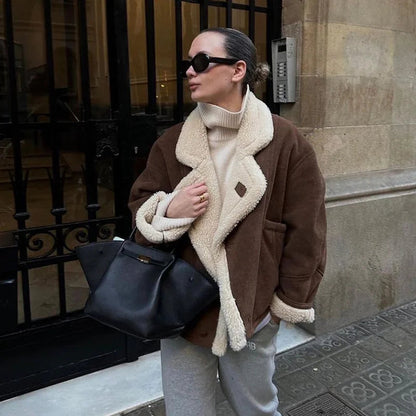 Lamb Woolen Spliced Warm Coat for Side Buttons Lapel Full Sleeve Jackets Lady Autumn Winter Thick Outwear
