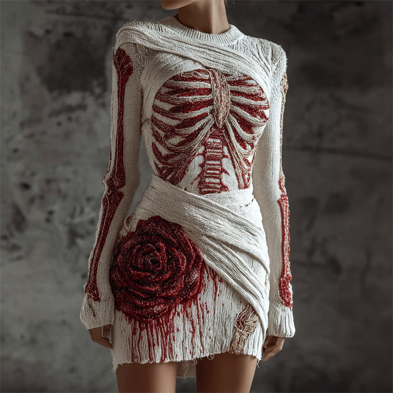 Comstylish Halloween Bloody Rose Skeleton Anatomy Bandages Sweater Dress