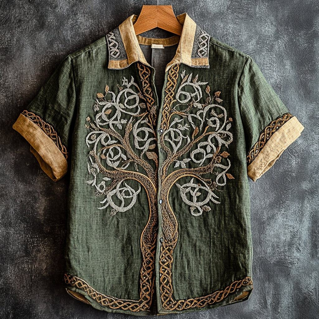 Men's Retro Viking Tribal Life Of Tree Celtic Art Linen Shirt elevenforest