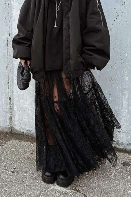 High Waist Black Lace Sheer Skirt