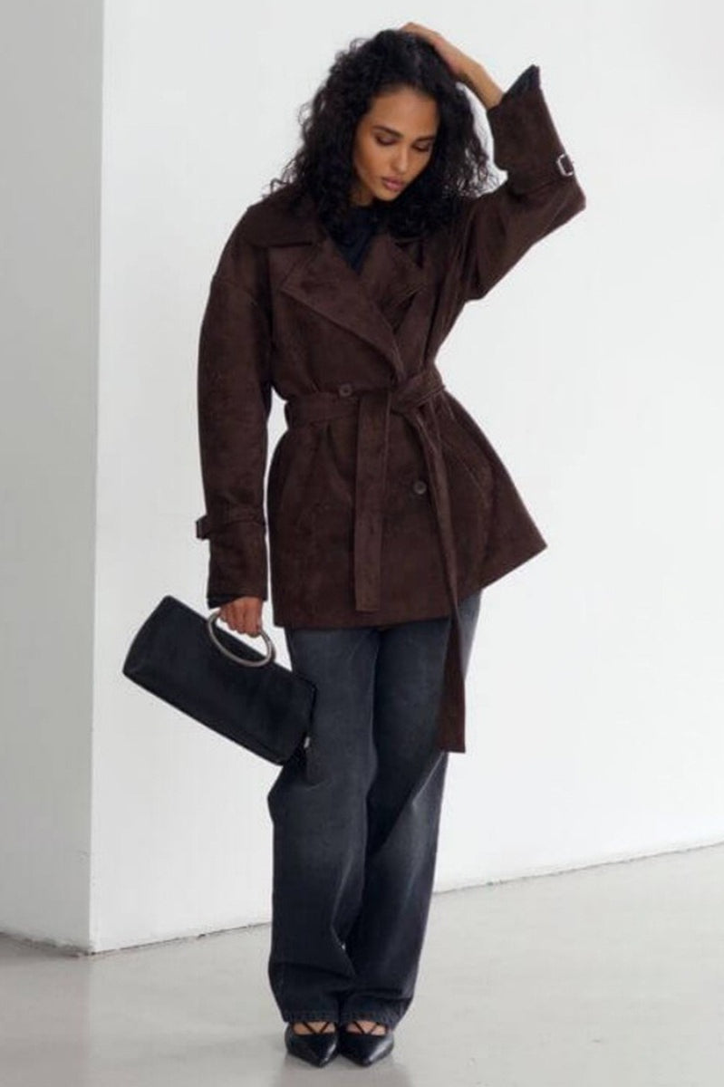 Suede Lapel Tie Waist Jacket Coat
