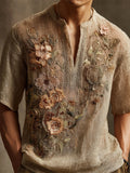 Vintage Floral Lace Embroidered Men's Linen V-neck Shirt elevenforest