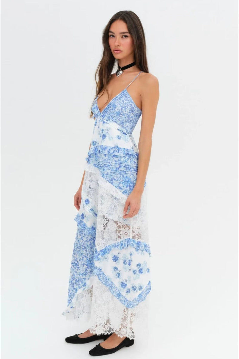 Deep V Ruffle Lace Patchwork Cami Maxi Dress