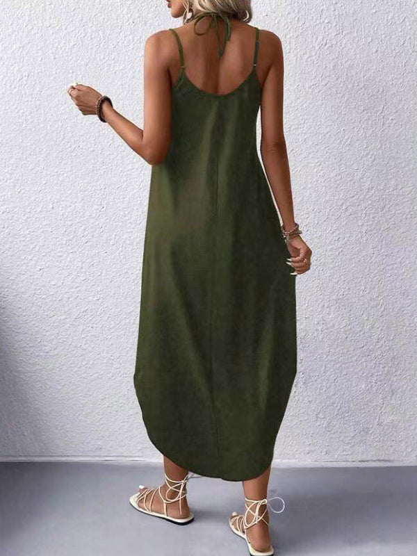 Loose Color Spaghetti-neck Maxi Dresses