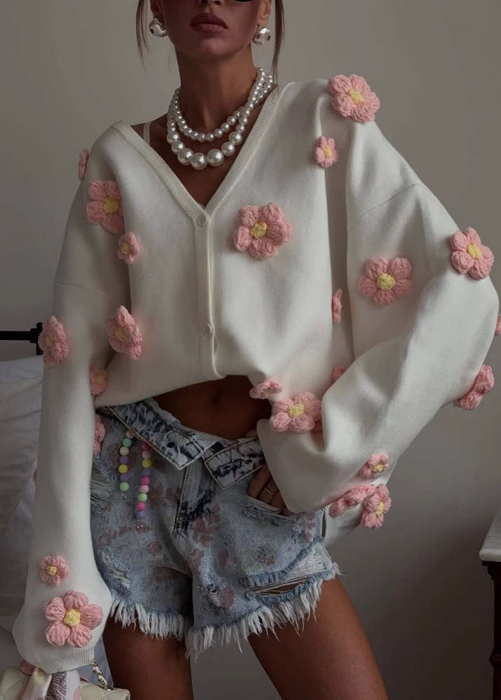 Blush Bloom - 3d Knit Cardigan With V-neck