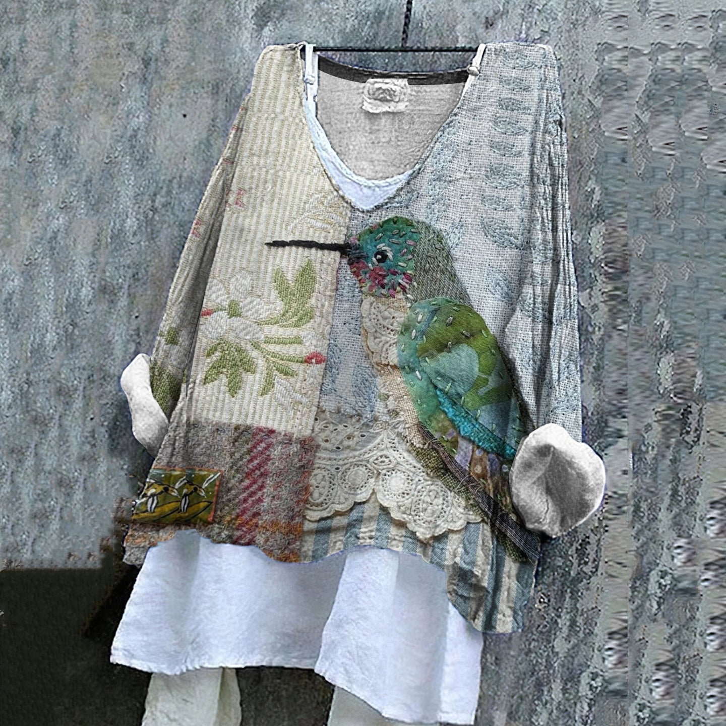 Women's Floral And Bird Pattern Cotton And Linen Shirt elevenforest