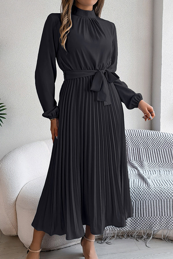 Stand-collar Long-sleeve Waisted Tie-up Pleated Midi Dress