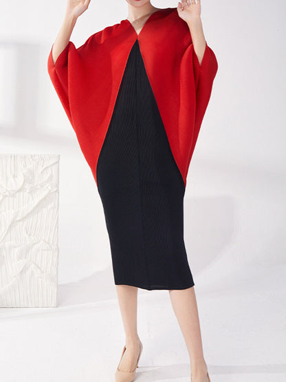 Batwing Sleeves Loose Contrast Color Pleated Round-neck Midi Dresses
