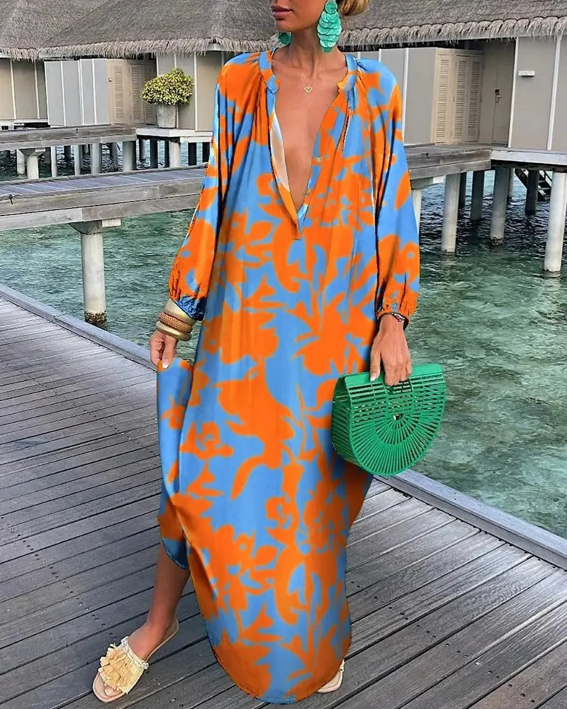 Printed Loose Long Dresses for V-neck Irregular Big Skirt Beachwear Maxi Dress Beach Vacation Vestidos