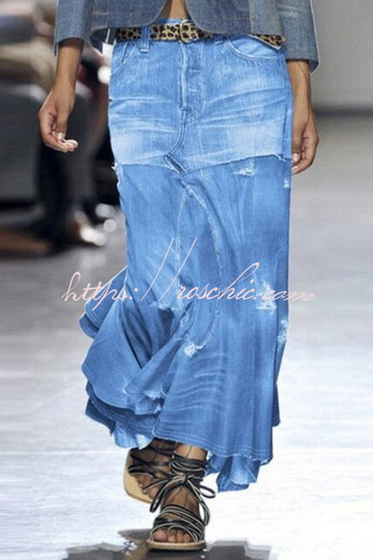 90's Distressed Paneled Irregular Hem Denim Skirt