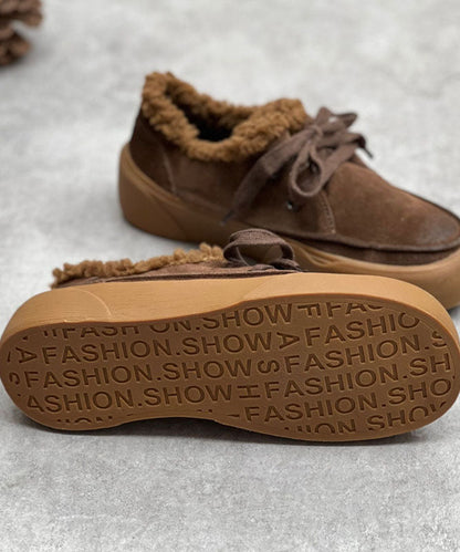 Coffee Flats Lace Up Flat Shoes for Fuzzy Wool Lined