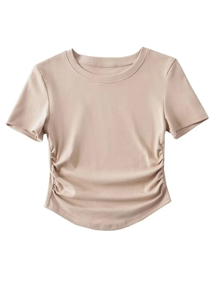 Harajuku Crew Neck Short Sleeve Cotton Tee With Ruched Sides Detail T-shirts