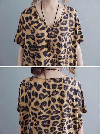 Loose Leopard V-neck Batwing Sleeves Maxi Dress