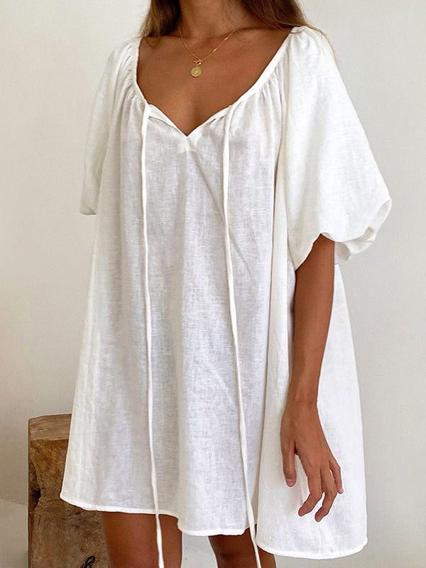 Loose Puff Sleeves Lace-up Pleated See-through Color V-neck Mini Dresses Sleep Dress