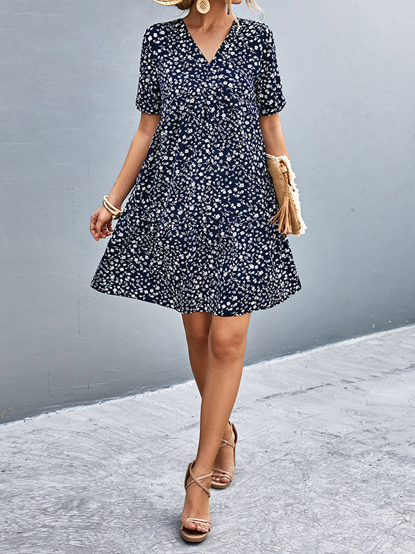 Short Sleeves Flower Print Split-joint V-neck Mini Dresses