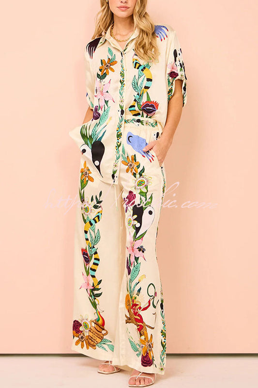 Claire Satin Unique Print Elastic Waist Pocketed Wide Leg Pants