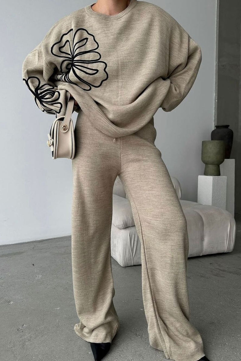 Round Neck Knit Sweater With Pants Two Piece Pants Set