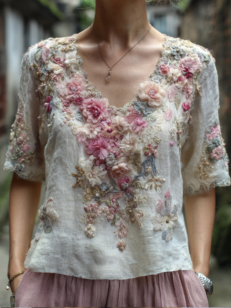Bohemian Style Pink And White Small Flower Three-dimensional Embroidery Sequin Casual Vintage White V-neck Short-sleeved Shirt elevenforest