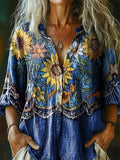 Women's Vintage Bohemian Floral Art Print Casual Cotton Linen Shirt