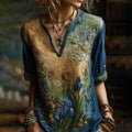Iris And Sunflower Gradient Oil Painting V-neck Shirt elevenforest