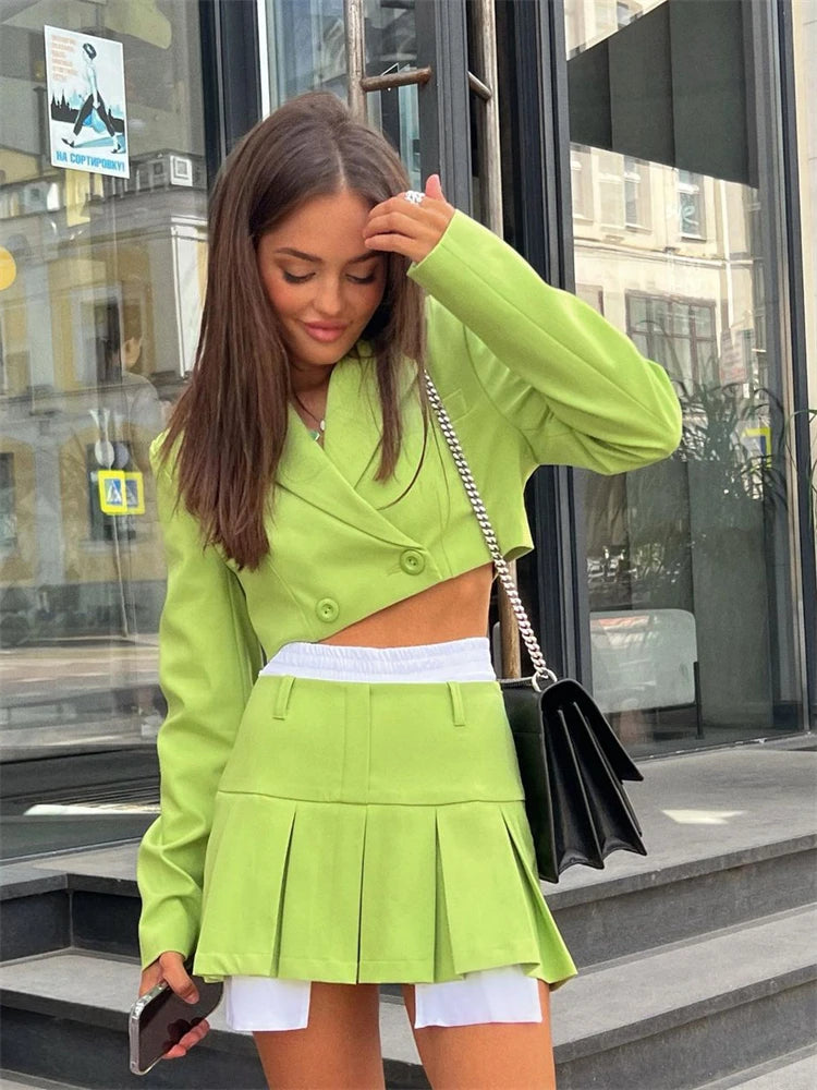 Fall Blazer Suit Two Piece Sets Turn-down Collar Blazers Tops and Pleated Skirts Femme High Street Y2k Outfits