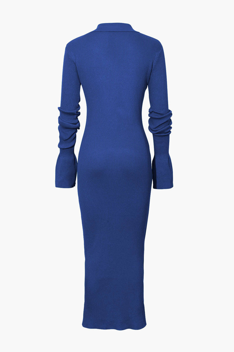 Color Shell Sleeve Ribbed Buttons Down Maxi Dress