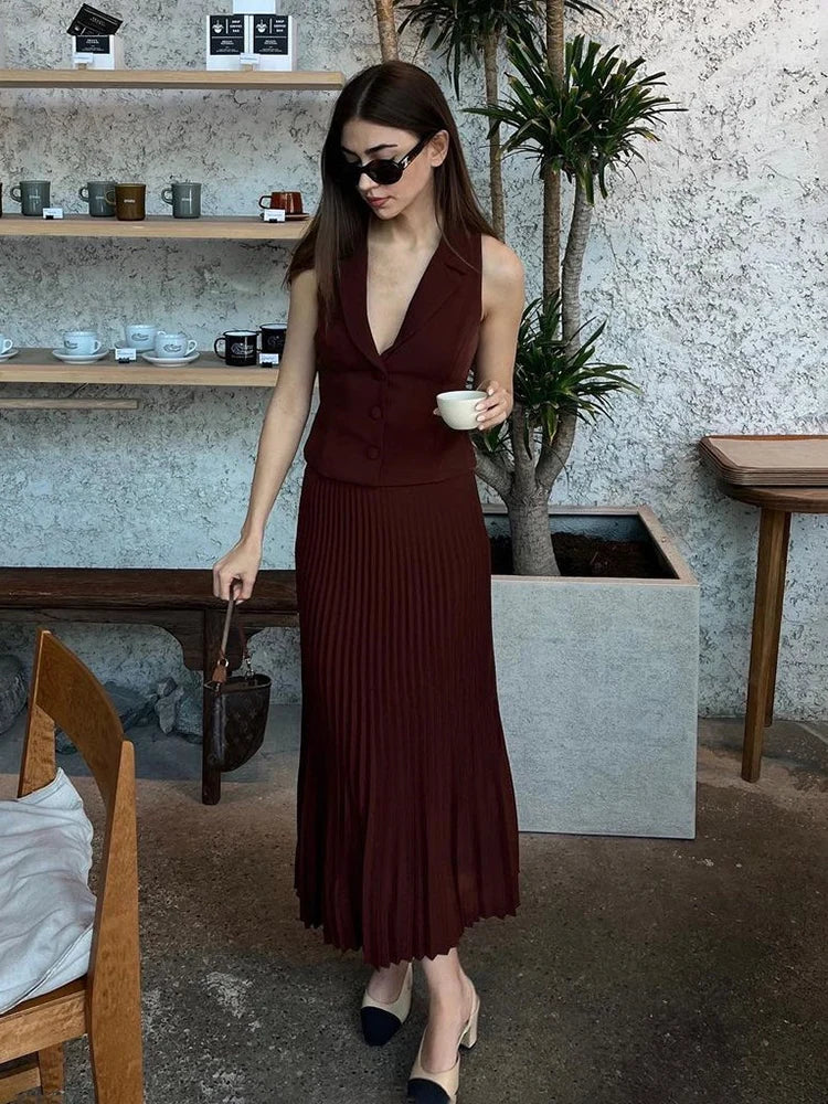 Folds Long Skirt Two Pieces Set ’s Notched Sleeveless Short Vest Top High Waist Maxi Skirt Sets