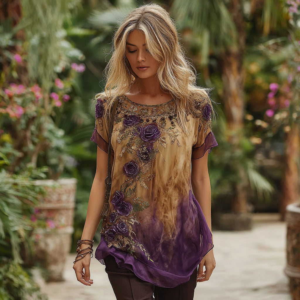Women's Retro Purple Rose Gradient Casual Crew Neck T-shirt elevenforest