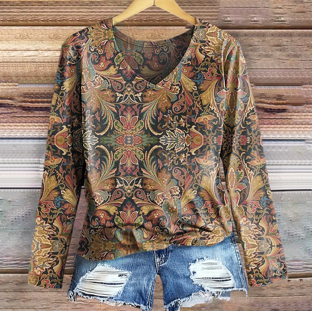 Women's Retro Ethnic Totem Pattern Print Casual V-neck Long Sleeve T-s