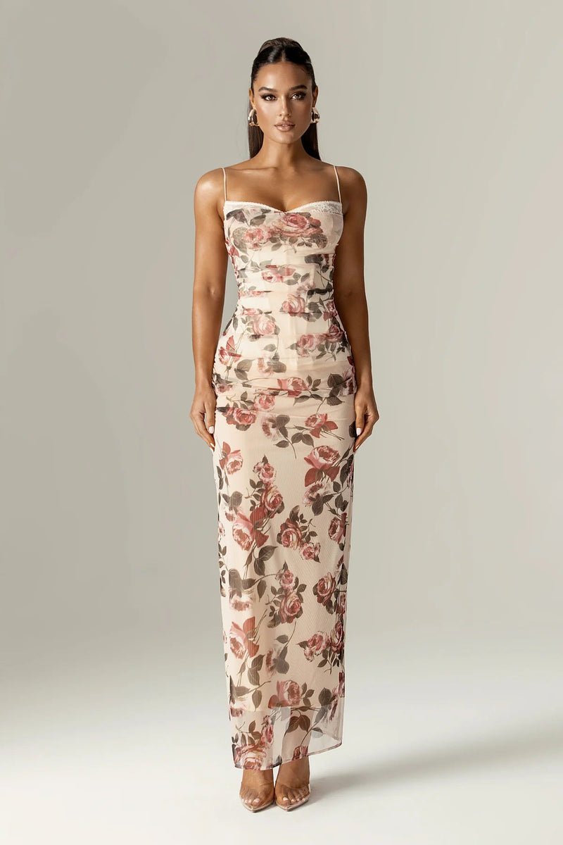 Valencia Bloom - Corset Maxi Dress With Italian Rose Print
