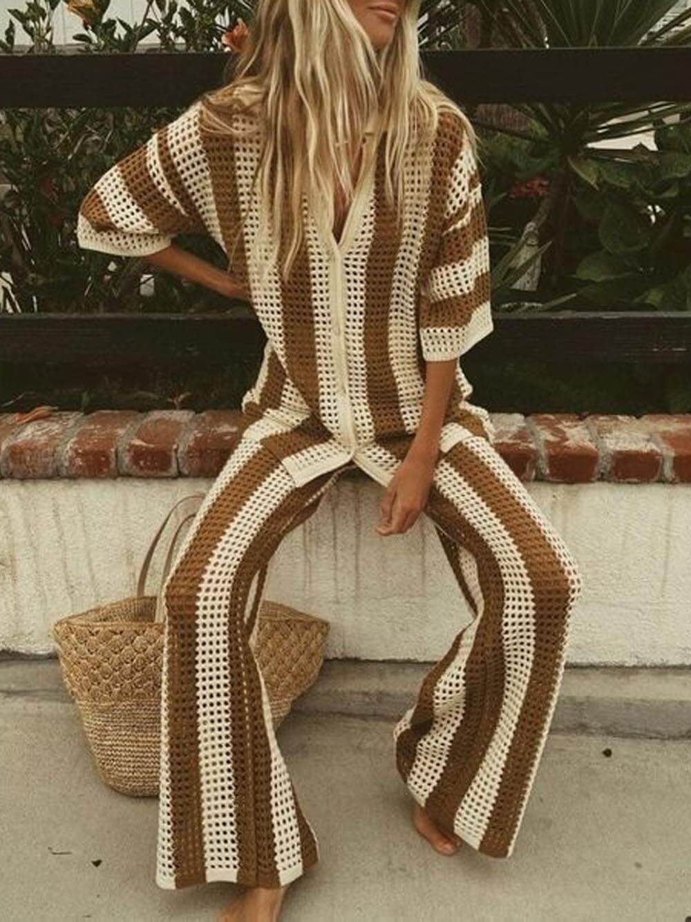 Loose V-neck Hollow Out Striped Shirt Wide Leg Pants Set