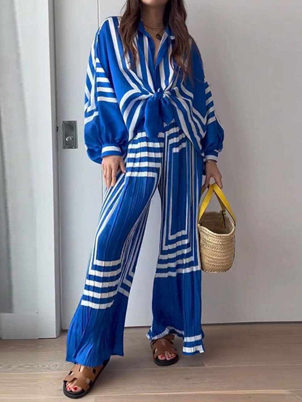 Printed Striped Shirt Pleated Straight Wide-leg Pants Suit