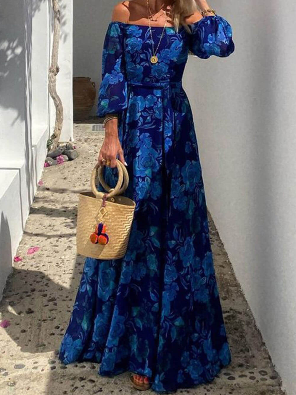 Marbella Blue - Off Shoulder Smocked Maxi Dress